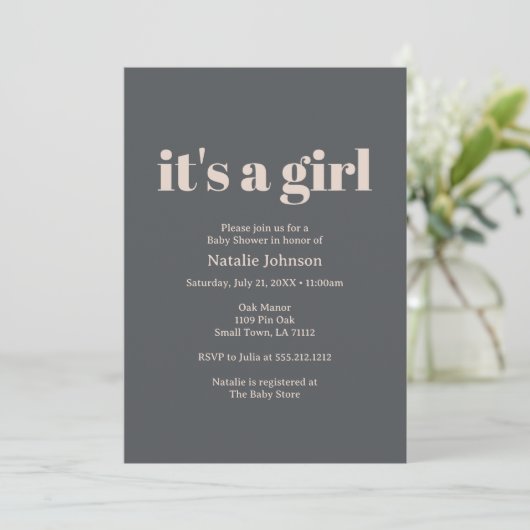 Roze Grijze Boho Typografie Meisje Baby shower Kaart (Staand voorkant)