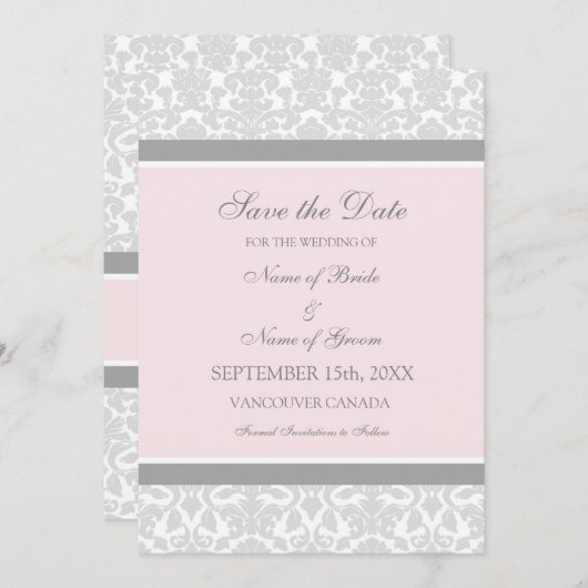 Roze grijze bruiloft Sla de datumkaart op Save The Date (Voorkant / Achterkant)