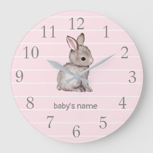 Roze grijze bunny Nursery Decor Wall klok (Voorkant)