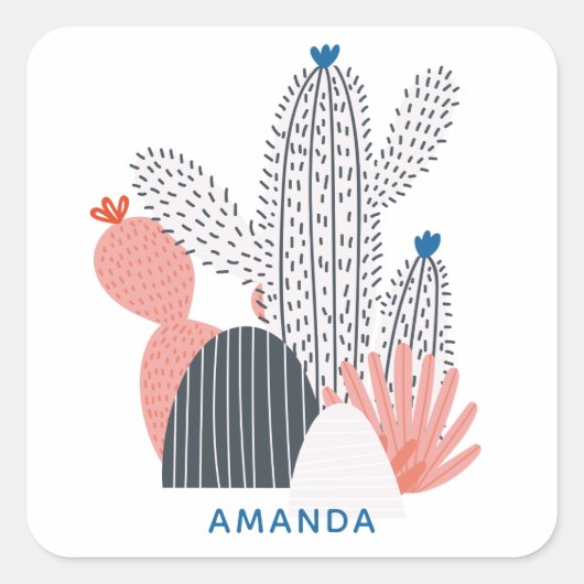 Roze grijze cactus. Moderne abstracte cactussen su Vierkante Sticker (Voorkant)