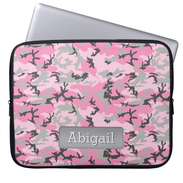 Roze grijze Camo Pattern Persoonlijke naam Laptop Sleeve (Voorkant)