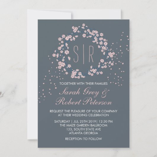 Roze grijze Cherry Blossom Floral Wedding Invitati Kaart (Voorkant)