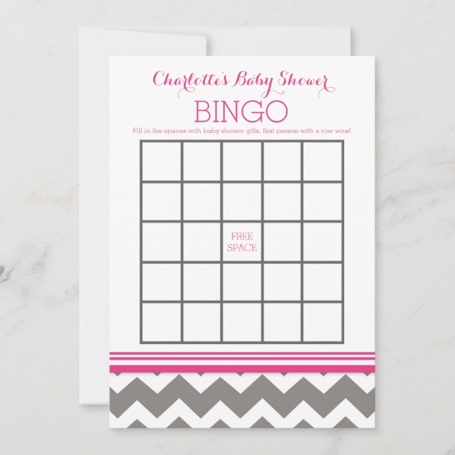 Roze grijze Chevron Baby shower Bingo (Voorkant)
