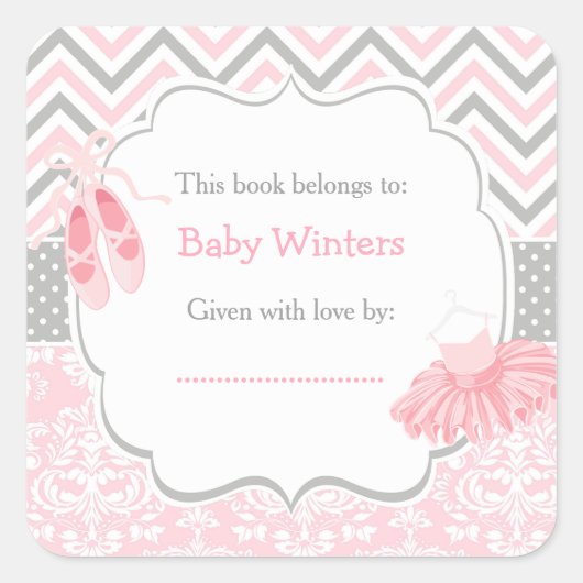 Roze/Grijze Chevron Ballerina Baby shower Boekplaa Vierkante Sticker (Voorkant)