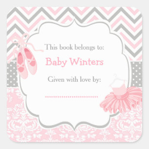 Roze/Grijze Chevron Ballerina Baby shower Boekplaa Vierkante Sticker
