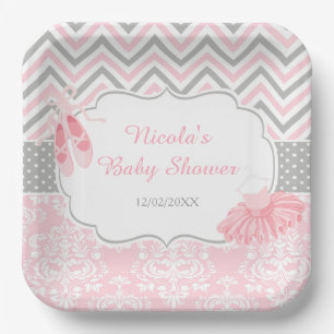 Roze & Grijze Chevron Ballerina Baby shower Papieren Bordje