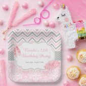 Roze & Grijze Chevron Ballerina Verjaardag Papieren Bordje (Feest)