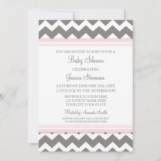 Roze grijze Chevron Custom Baby Shower Invitaties Kaart (Achterkant)