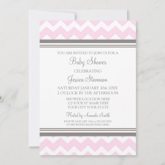Roze grijze Chevron Custom Baby Shower Invitaties Kaart (Achterkant)