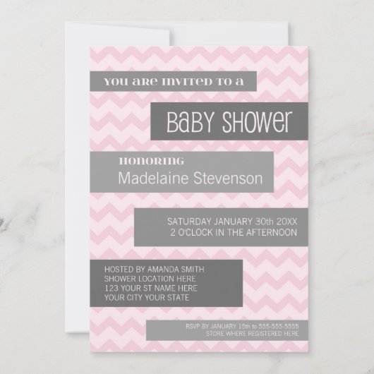 Roze grijze Chevron Custom Baby Shower Invitaties Kaart (Achterkant)