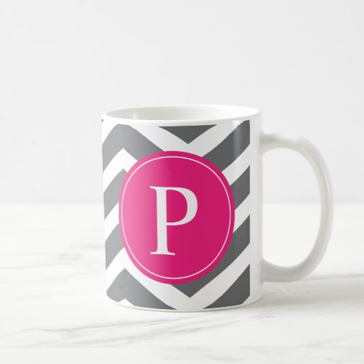 Roze grijze Chevron Monogram Koffiemok (Rechts)