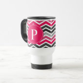 Roze grijze Chevron Monogram Reisbeker (Voorkant links)