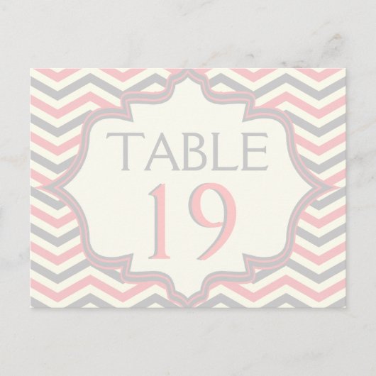 Roze, grijze chevron zigzag trouwtafel nummer briefkaart (Voorkant)