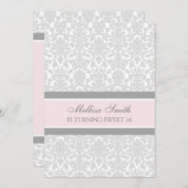 Roze grijze Damask 16e Bithday Party Kaart (Voorkant / Achterkant)