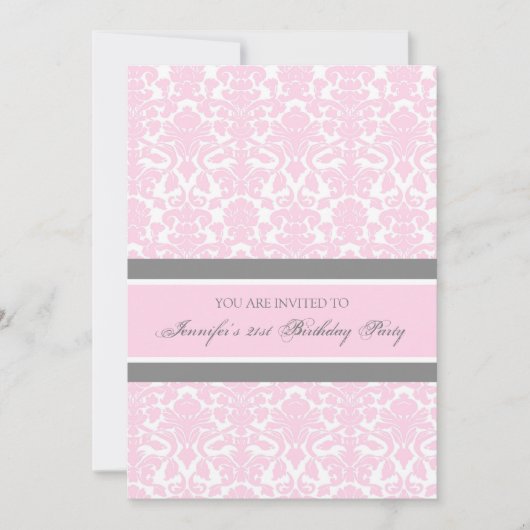 Roze grijze Damask 21ste Birthday Party Kaart (Voorkant)