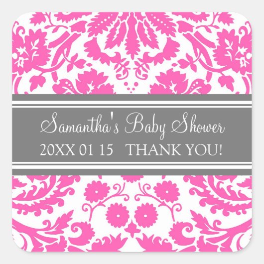 Roze grijze Damask Baby shower Favor Stickers (Voorkant)