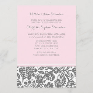 Roze grijze Damask Baptisme Invitation Kaart