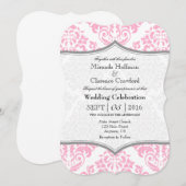 Roze grijze Damask Bracket Wedding Invite Kaart (Voorkant / Achterkant)