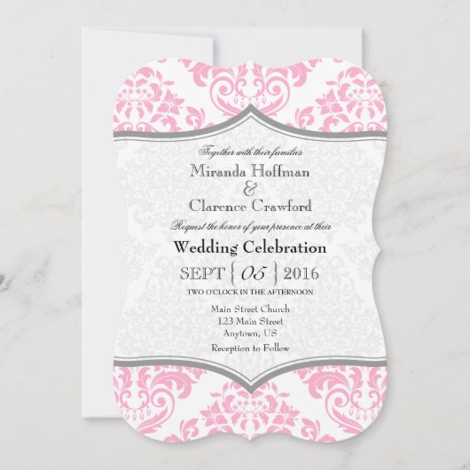 Roze grijze Damask Bracket Wedding Invite Kaart (Voorkant)