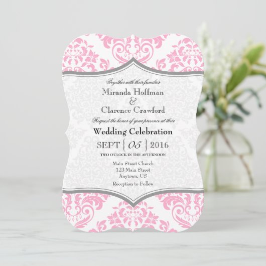 Roze grijze Damask Bracket Wedding Invite Kaart (Staand voorkant)