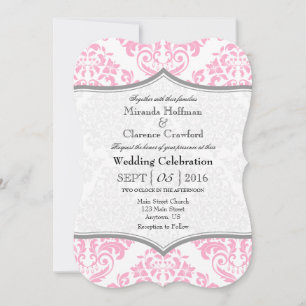 Roze grijze Damask Bracket Wedding Invite Kaart