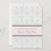 Roze grijze Damask Douane Baby Shower Invitaties Kaart (Voorkant)