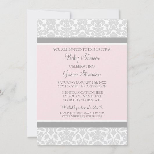 Roze grijze Damask Douane Baby Shower Invitaties Kaart (Achterkant)