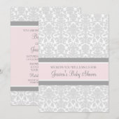 Roze grijze Damask Douane Baby Shower Invitaties Kaart (Voorkant / Achterkant)