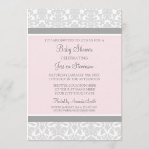 Roze grijze Damask Douane Baby Shower Invitaties Kaart