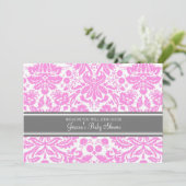 Roze grijze Damask Douane Baby Shower Invitaties Kaart (Staand voorkant)
