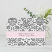Roze grijze Damask Douane Baby Shower Invitaties Kaart (Staand voorkant)