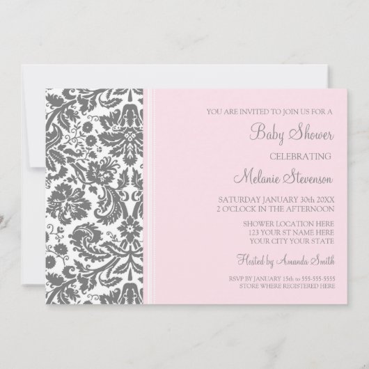 Roze grijze Damask Douane Baby Shower Invitaties Kaart (Achterkant)