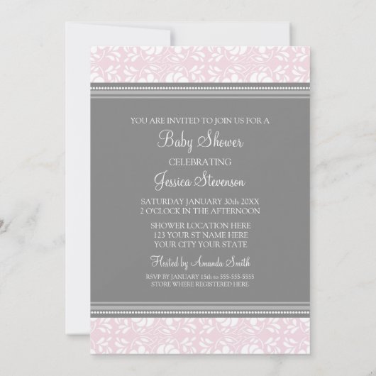 Roze grijze Damask Douane Baby Shower Invitaties Kaart (Achterkant)