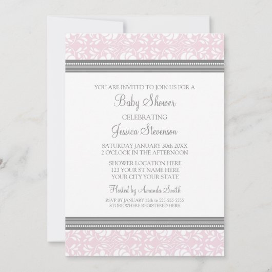 Roze grijze Damask Douane Baby Shower Invitaties Kaart (Achterkant)