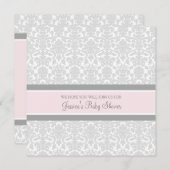 Roze grijze Damask Douane Baby Shower Invitaties Kaart (Voorkant / Achterkant)