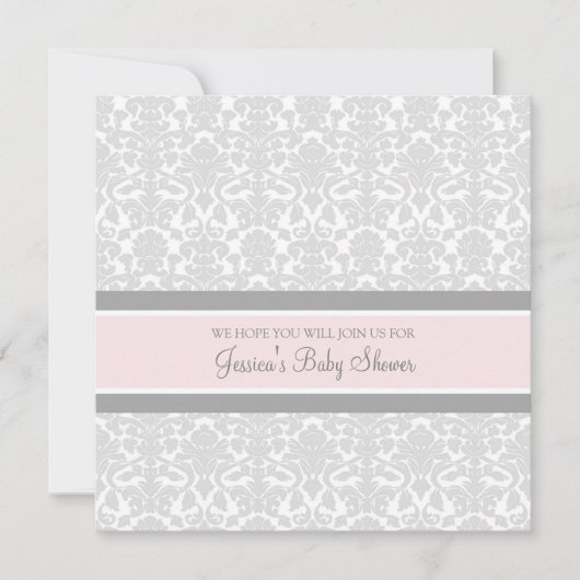 Roze grijze Damask Douane Baby Shower Invitaties Kaart (Voorkant)