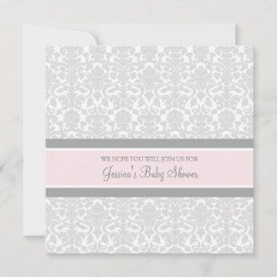Roze grijze Damask Douane Baby Shower Invitaties Kaart