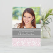 Roze grijze Damask Foto Bridal Luncheon Uitnodigin Kaart (Staand voorkant)