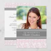 Roze grijze Damask Foto Bridal Luncheon Uitnodigin Kaart (Voorkant / Achterkant)
