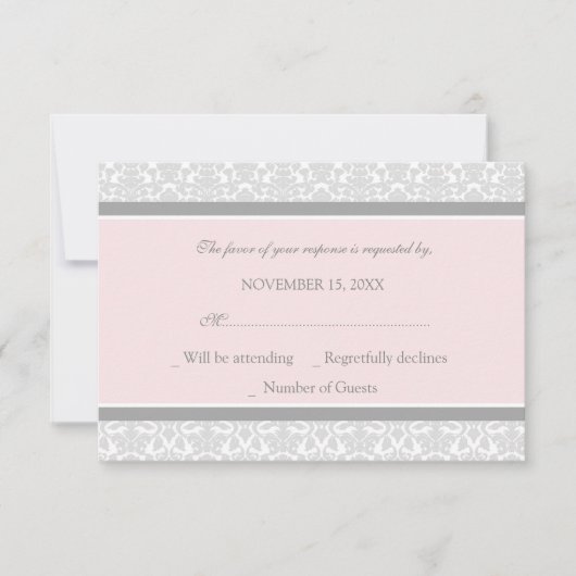 Roze grijze Damask RSVP-bruiloft RSVP Kaartje (Voorkant)