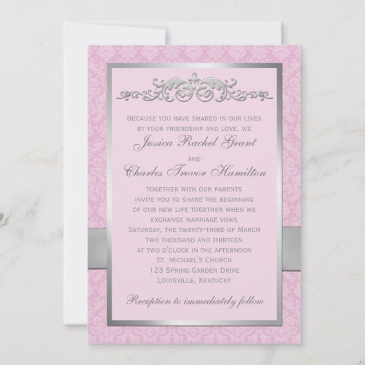  Roze, grijze Damask Scroll Weddenschap Kaart (Achterkant)