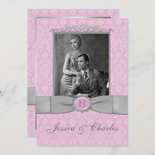 Roze, grijze Damask Scroll Weddenschap Kaart (Voorkant / Achterkant)