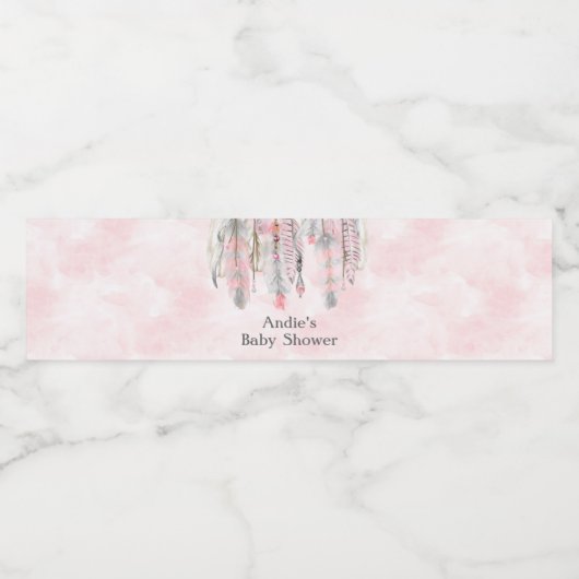 Roze grijze dromenvanger veren Boho Waterfles Etiket (Enkel label)