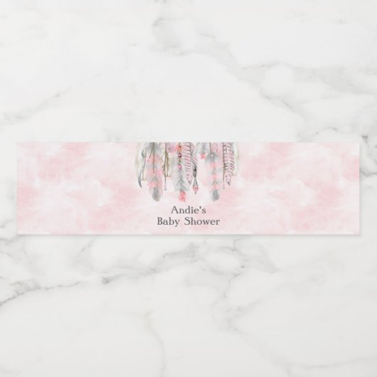 Roze Grijze Droomvanger Veren Boho Waterfles Etiket (Enkel label)