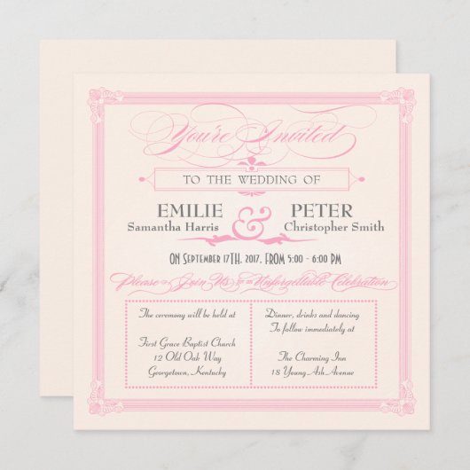 Roze, grijze en cream Poster Style Weddenschap Kaart (Voorkant / Achterkant)