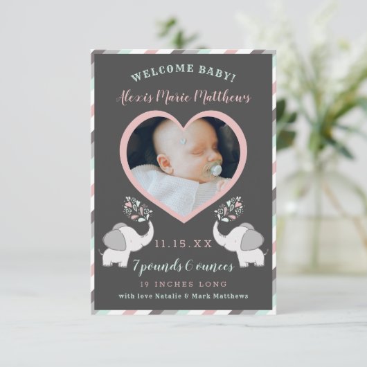Roze grijze en gemunt olifant babymeisje Foto's: Aankondiging (Staand voorkant)