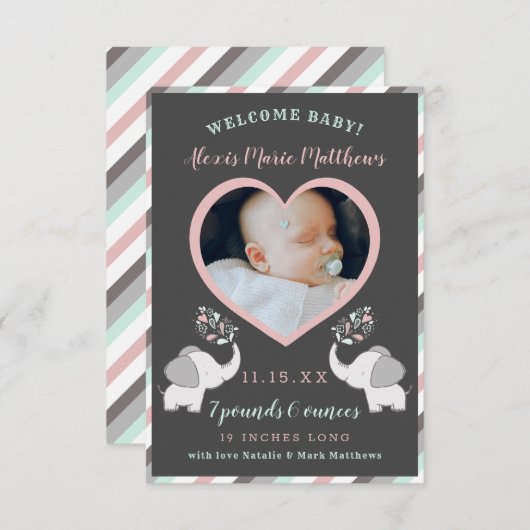Roze grijze en gemunt olifant babymeisje Foto's: Aankondiging (Voorkant / Achterkant)