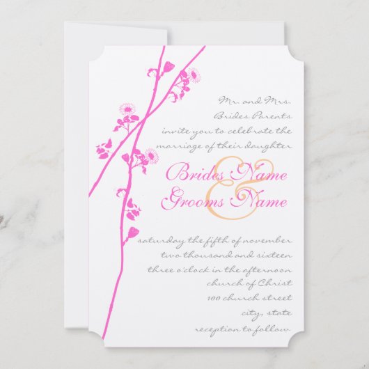 Roze, grijze en koraalbloemige vertakkingen bruilo kaart (Achterkant)