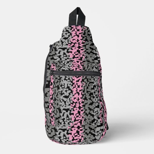 Roze, grijze en zwarte digitale pixelstrepen sling bag (Voorkant)