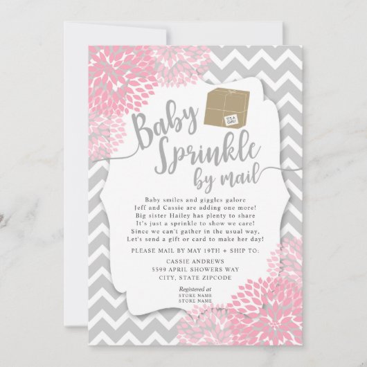 Roze grijze Floral Baby Sprinkle per post Uitnodig Kaart (Voorkant)